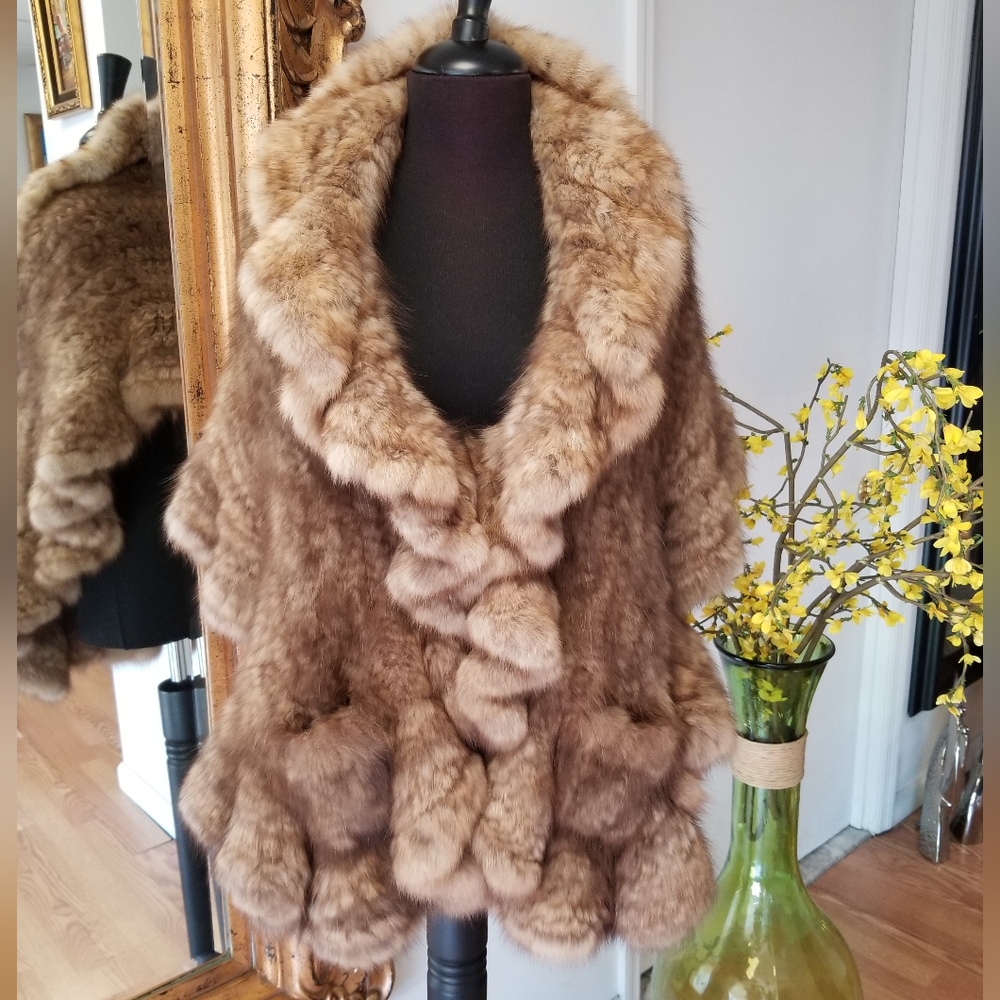 Real Sable $4795 Knitted Ruffle Cape with Pockets